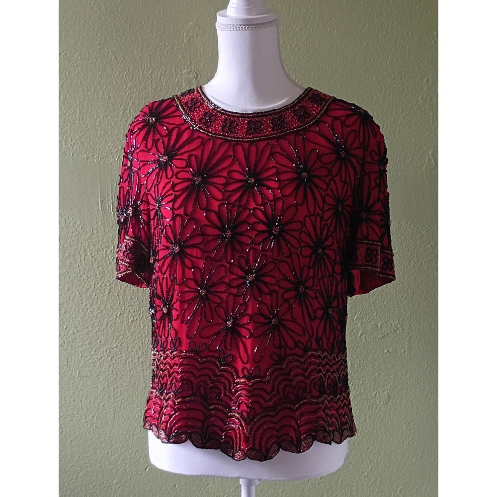 Vintage Glam Art Deco Red Silk Beaded Floral Blouse Top Womens XL Extra Large